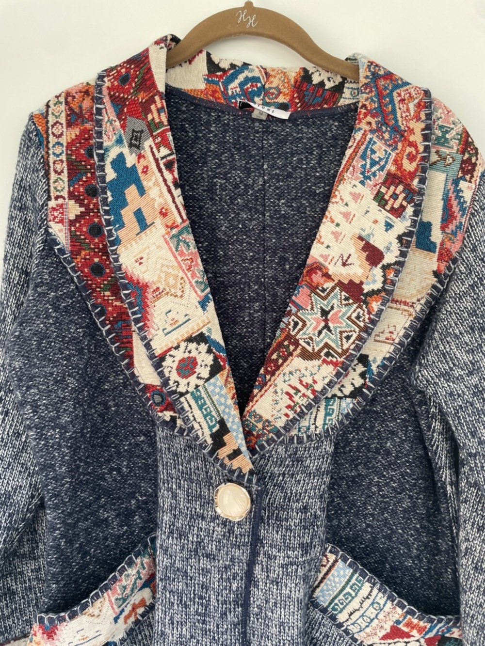 Sioni Gray Hooded Cardigan with Multicolor Tribal Trim FLAW* - Picture 4 of 8